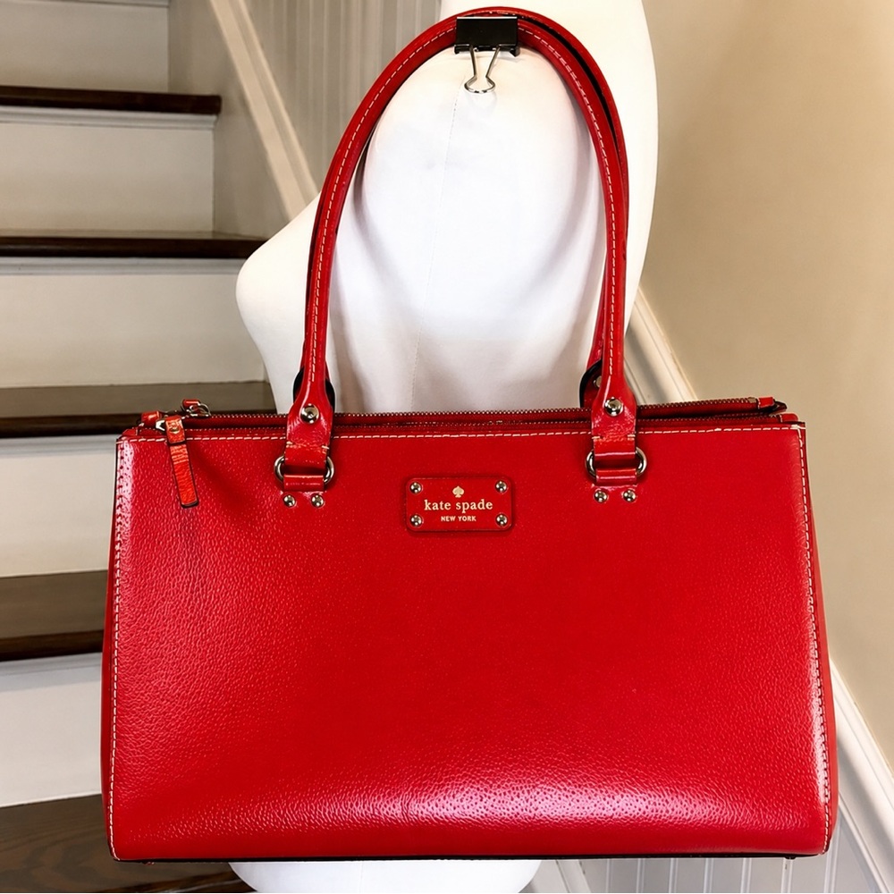 KATE SPADE Large Red Leather Tote Briefcase Shoulder Bag with Three Sections
